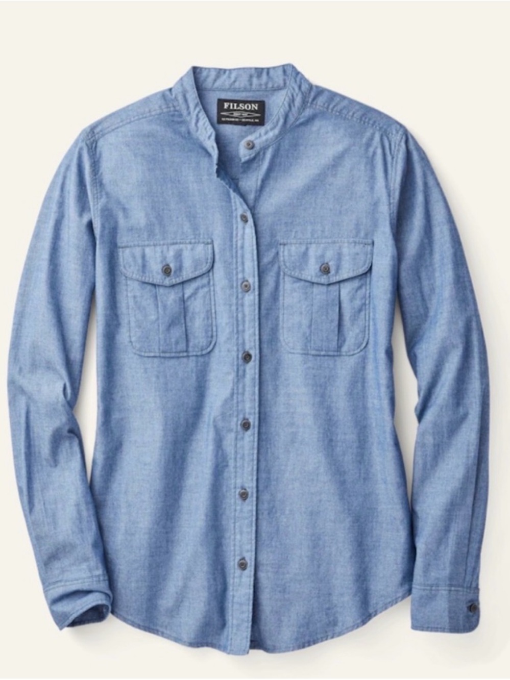 Filson Kadin Island Blue Banded Collar Cotton Chambray Button Up Women’s Shirt M